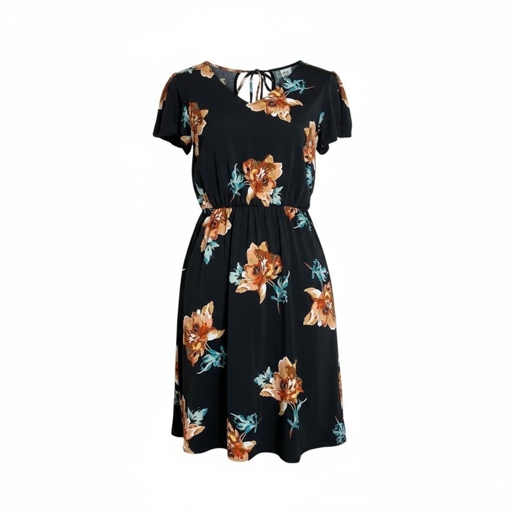 Floral Print Dress, Casual Black Dress with Tie Back, Elastic Waist, Midi XS